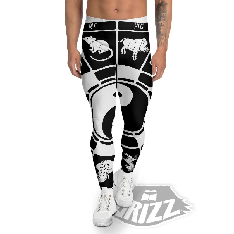 Chinese Zodiac White And Black Print Men's Leggings