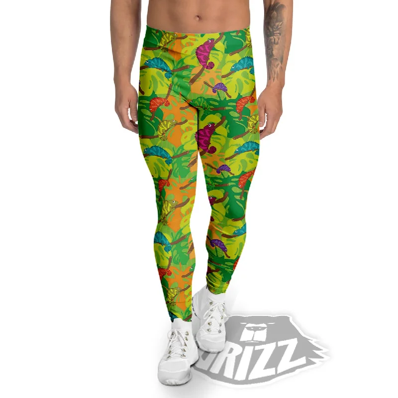 Colorful Chamaleon And Monstera Tropic Leave Print Pattern Men's Leggings