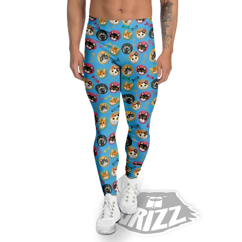 Cute Cats And Fishbone Colorful Print Pattern Men's Leggings