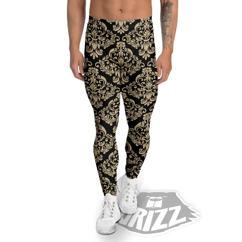 Damask Beige And Black Print Pattern Men's Leggings