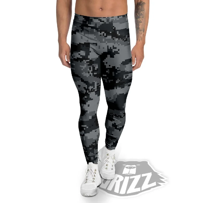 Digital Camo Grey And Black Print Men's Leggings