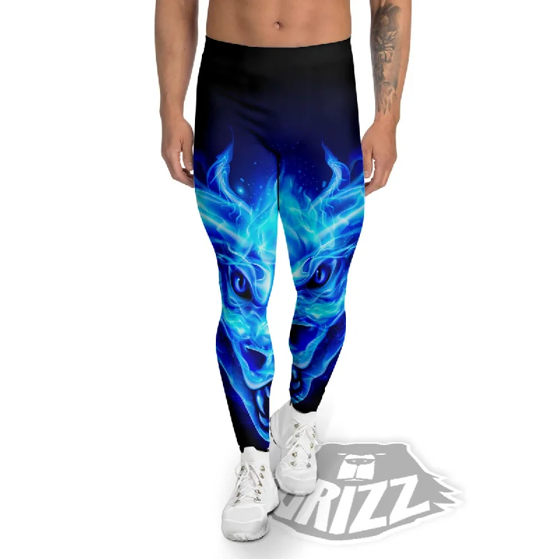 Dragon Head in Blue Flame Print Men's Leggings