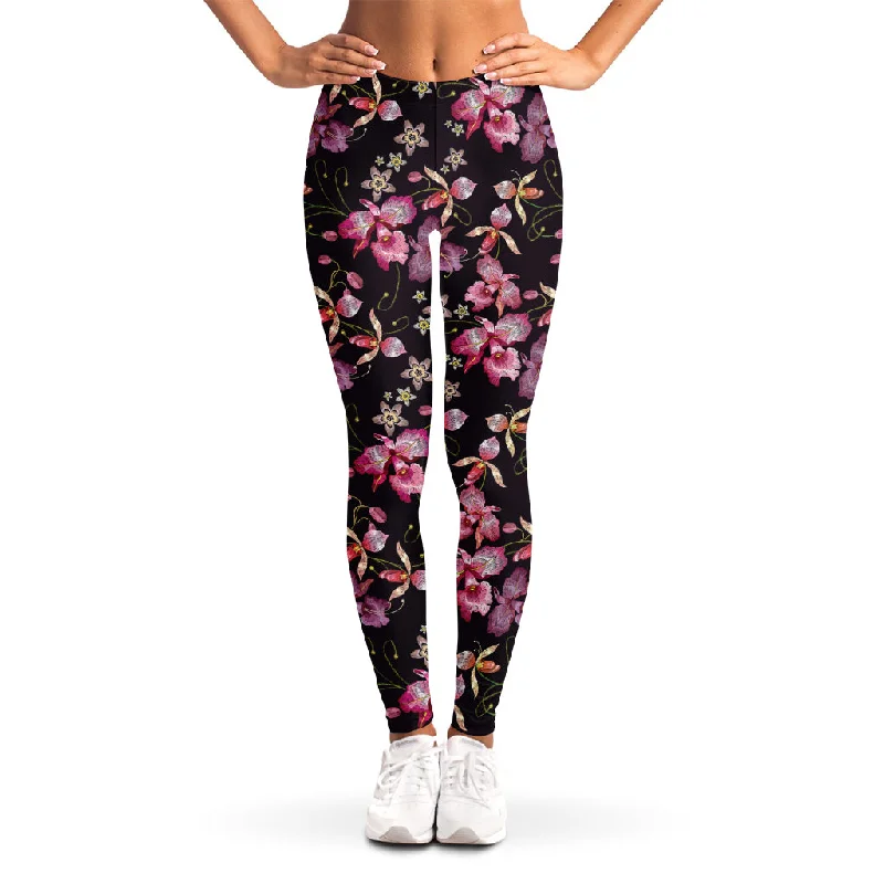 Embroidery Orchid Flower Pattern Print Women's Leggings