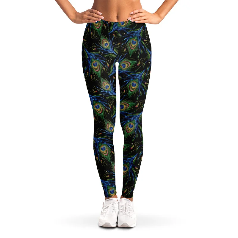 Embroidery Peacock Feather Print Women's Leggings