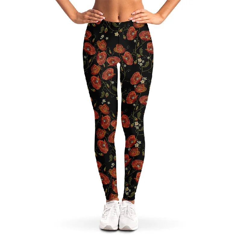 Embroidery Poppy Pattern Print Women's Leggings