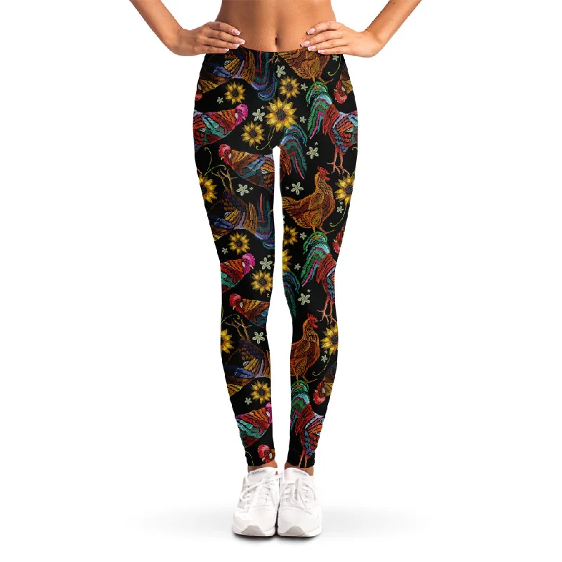 Embroidery Rooster Pattern Print Women's Leggings