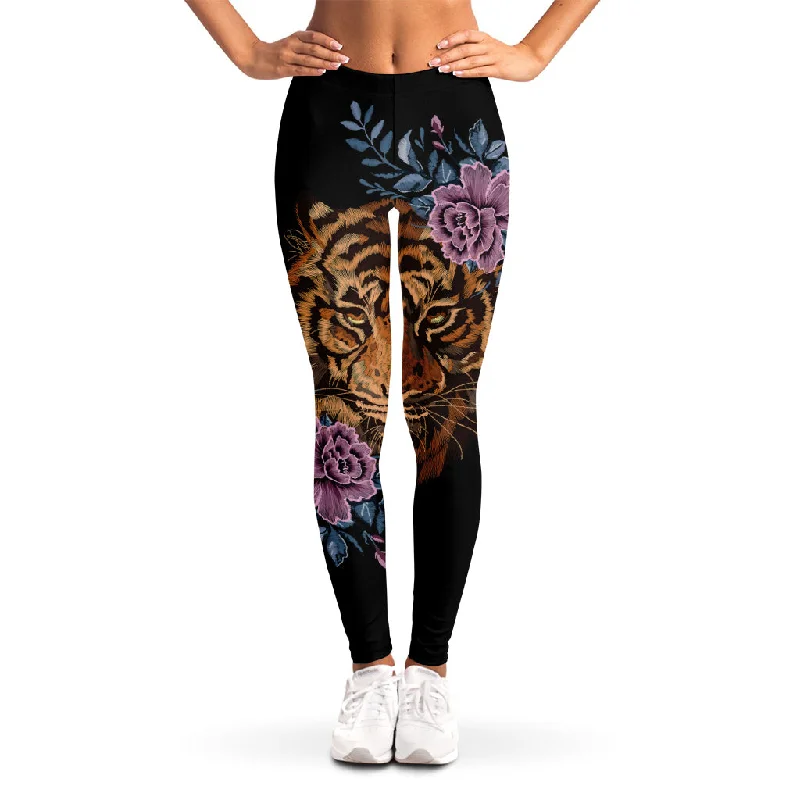 Embroidery Tiger And Flower Print Women's Leggings