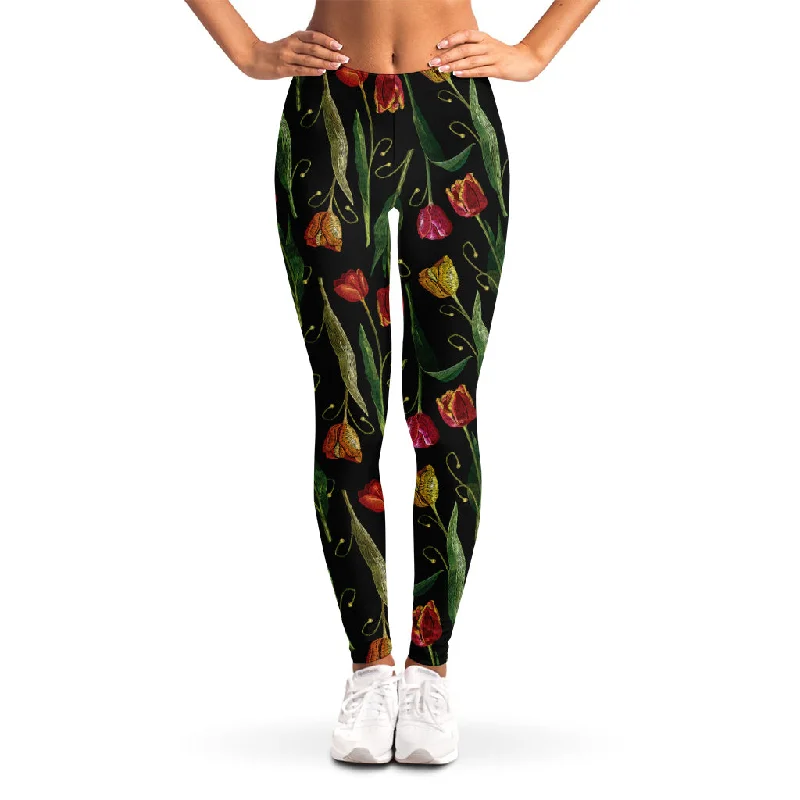 Embroidery Tulip Pattern Print Women's Leggings