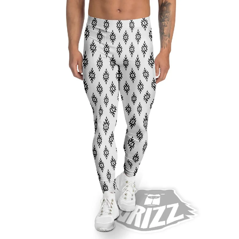 Ethnic Boho White And Black Print Men's Leggings