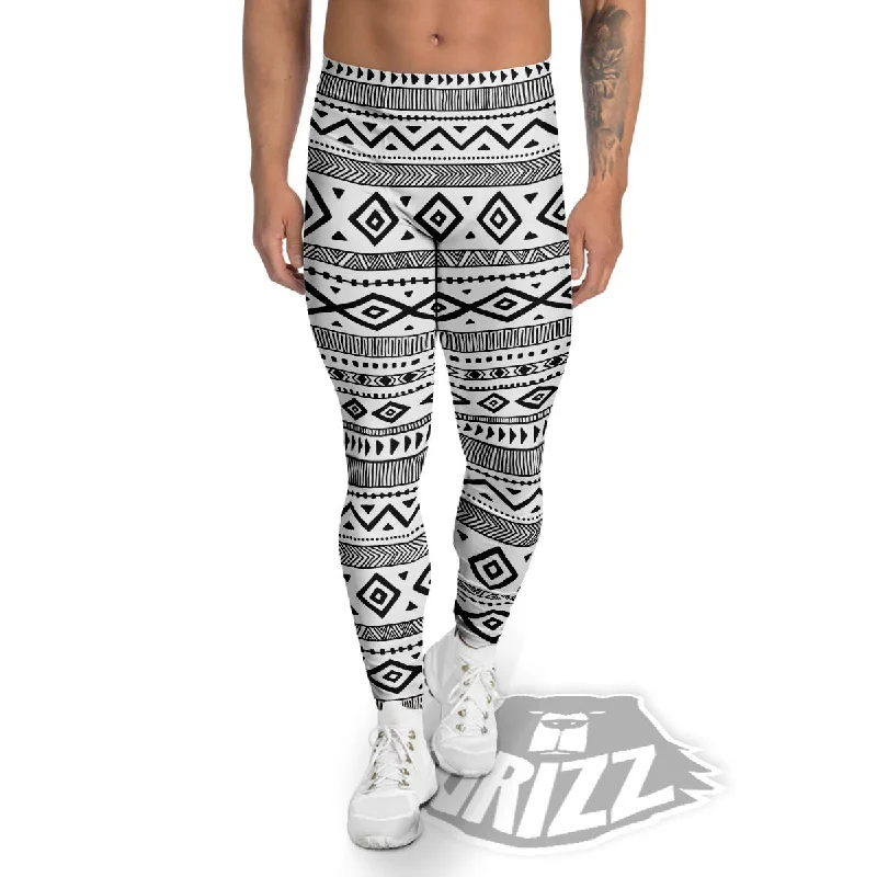 Ethnic White And Black Print Pattern Men's Leggings