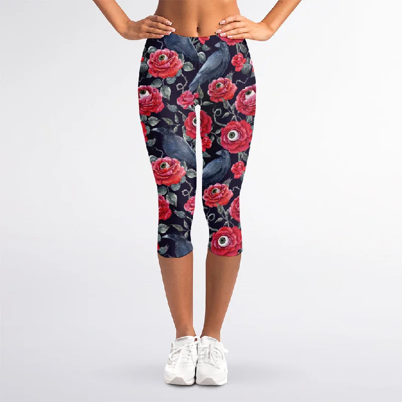 Eyeball Rose Pattern Print Women's Capri Leggings