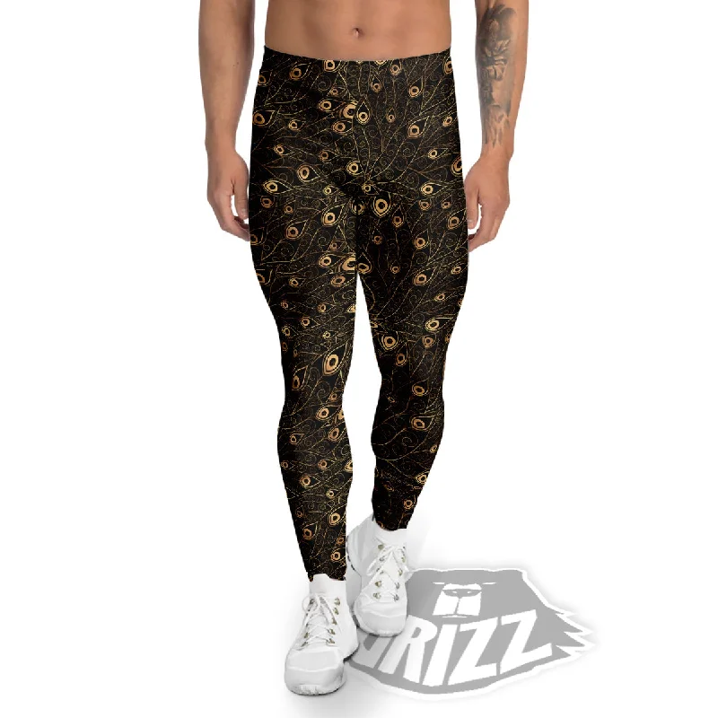 Feather Gold And Black Print Pattern Men's Leggings