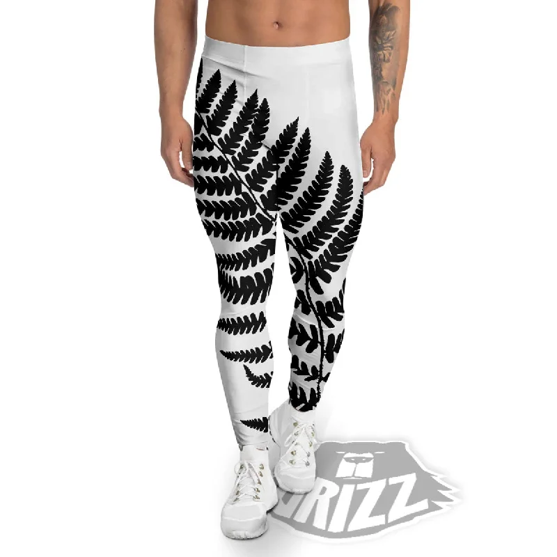 Fern Leaf White And Black Print Men's Leggings