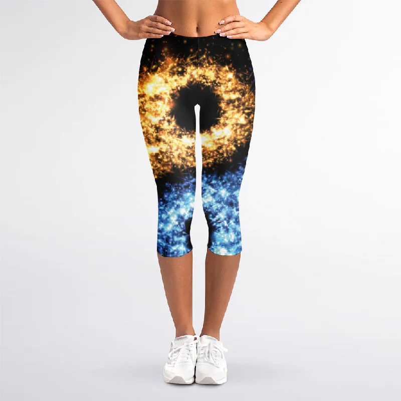 Fire And Ice Sparkle Yin Yang Print Women's Capri Leggings