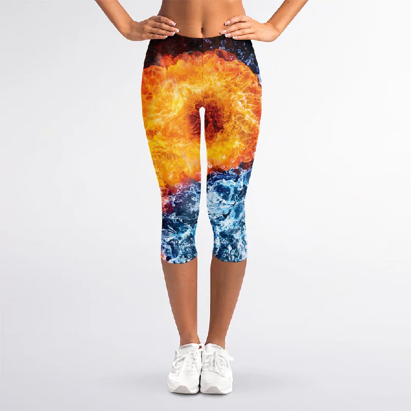 Fire And Water Yin Yang Print Women's Capri Leggings