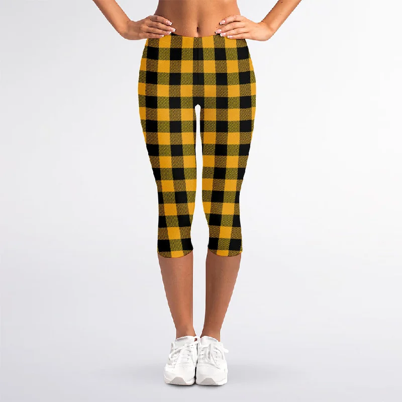 Fire Yellow Buffalo Check Pattern Print Women's Capri Leggings