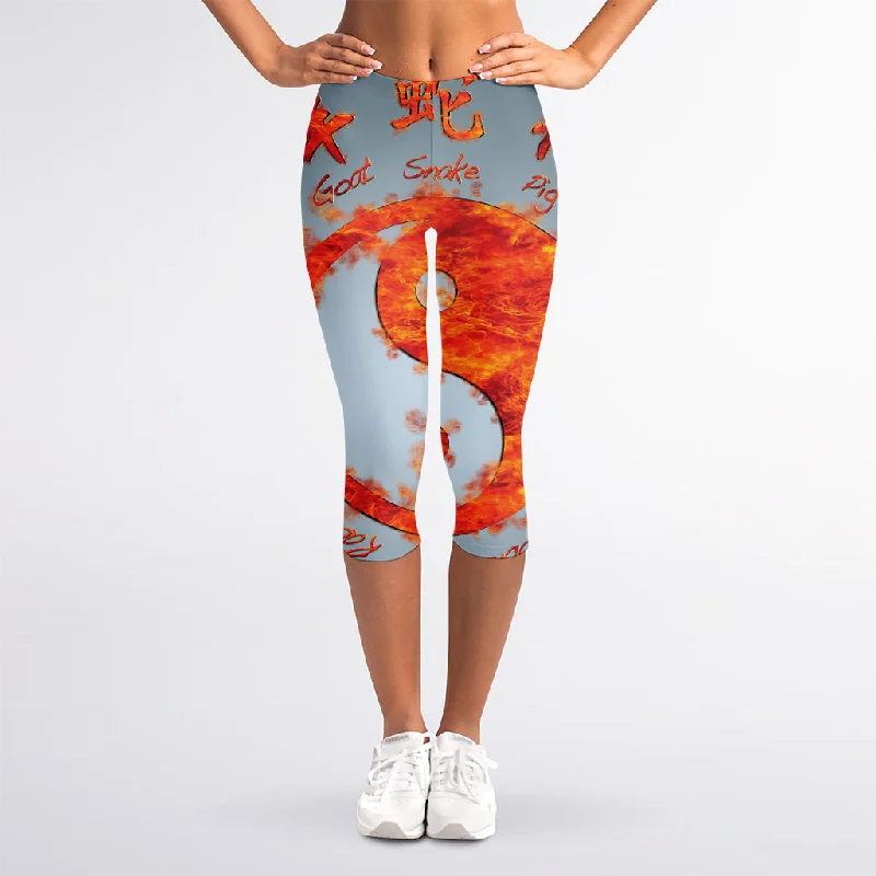 Fire Yin Yang Chinese Zodiac Print Women's Capri Leggings