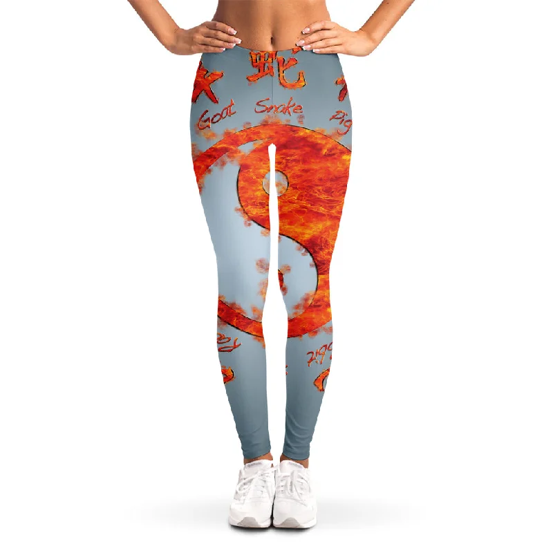 Fire Yin Yang Chinese Zodiac Print Women's Leggings