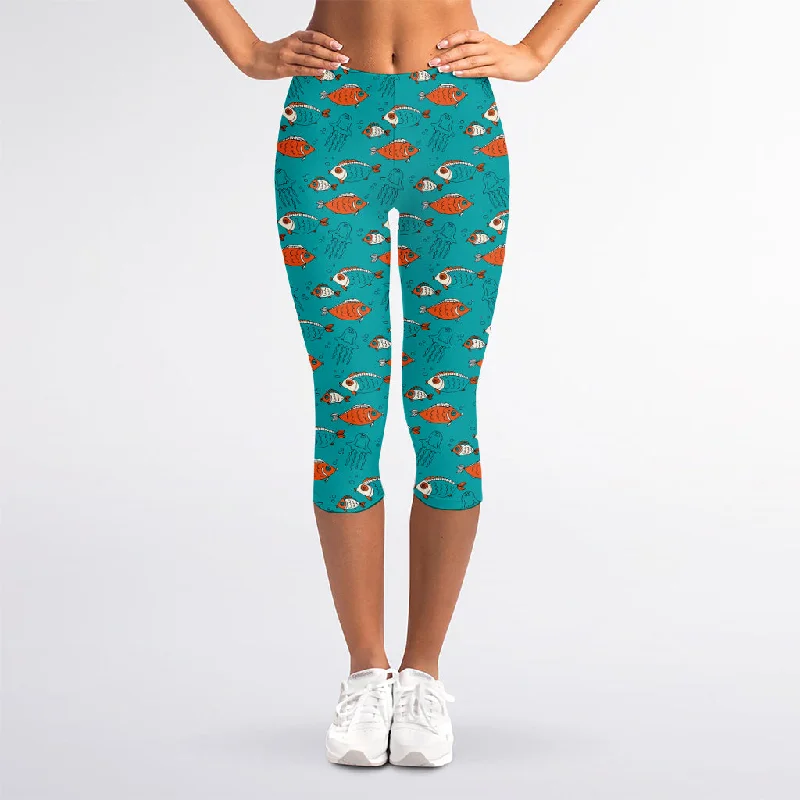 Fish And Jellyfish Pattern Print Women's Capri Leggings