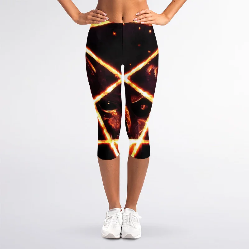 Flame Satanic Pentagram Print Women's Capri Leggings