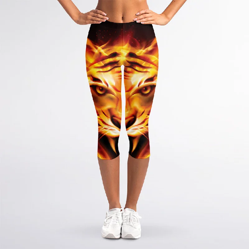 Flame Tiger Print Women's Capri Leggings