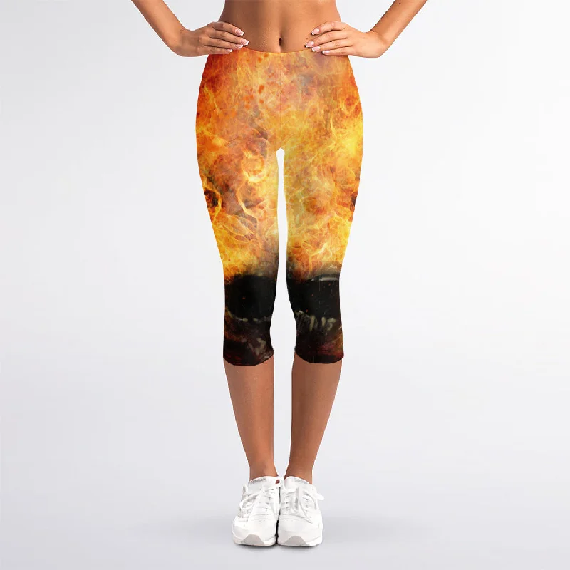 Flaming Demon Skull Print Women's Capri Leggings