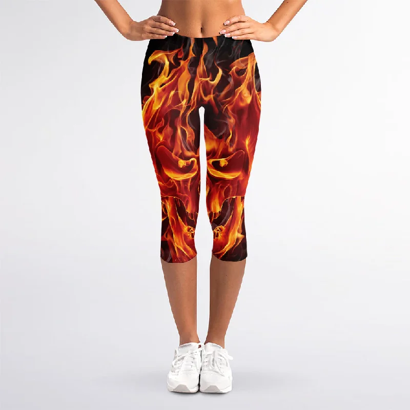 Flaming Evil Skull Print Women's Capri Leggings