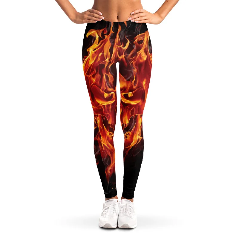 Flaming Evil Skull Print Women's Leggings