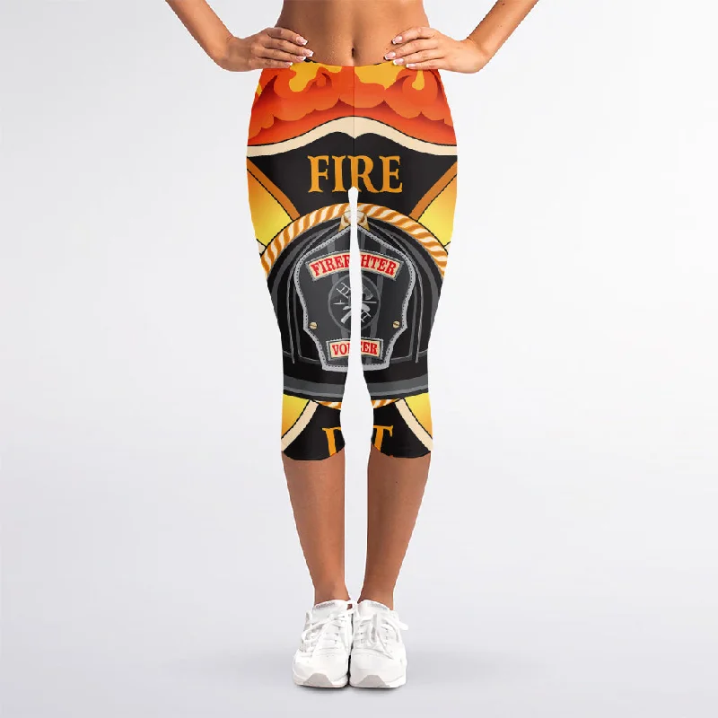 Flaming Firefighter Emblem Print Women's Capri Leggings