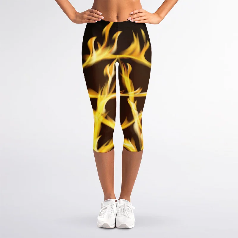 Flaming Pentagram Symbol Print Women's Capri Leggings