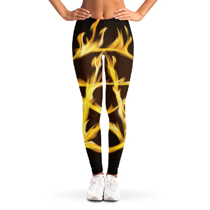 Flaming Pentagram Symbol Print Women's Leggings