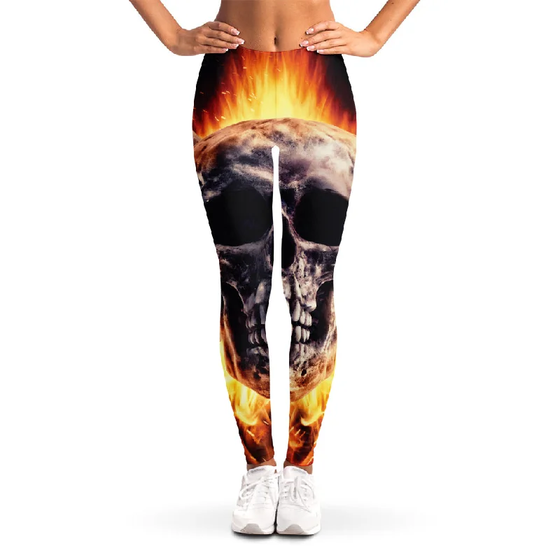 Flaming Skull And Cross Wrench Print Women's Leggings