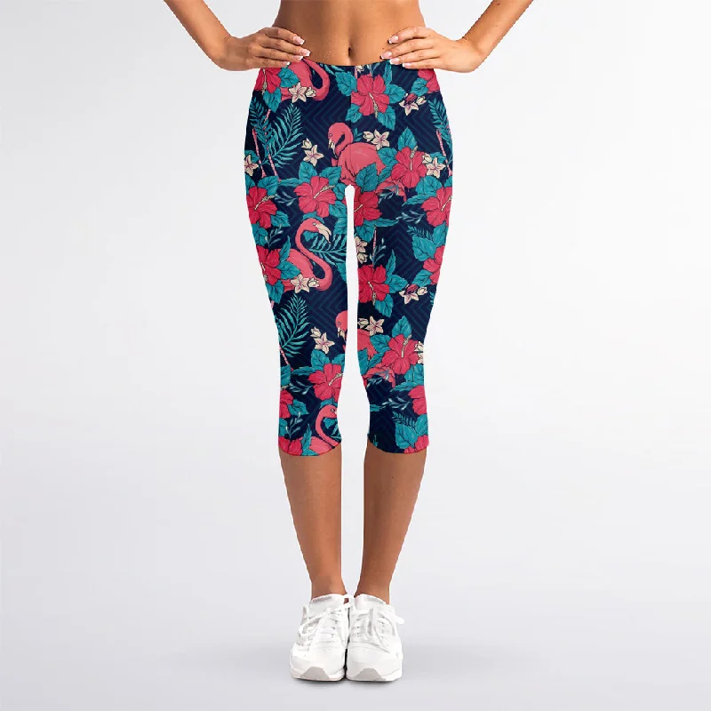 Flamingo And Hawaiian Floral Print Women's Capri Leggings