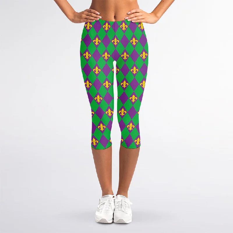 Fleur-De-Lis Mardi Gras Pattern Print Women's Capri Leggings