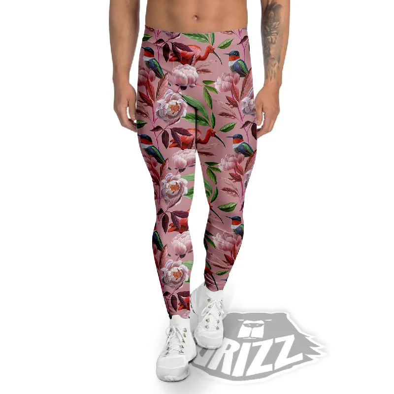 Floral Bird Pink Print Pattern Men's Leggings