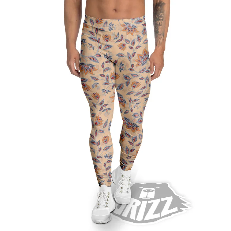 Floral Bohemian Beige Print Pattern Men's Leggings