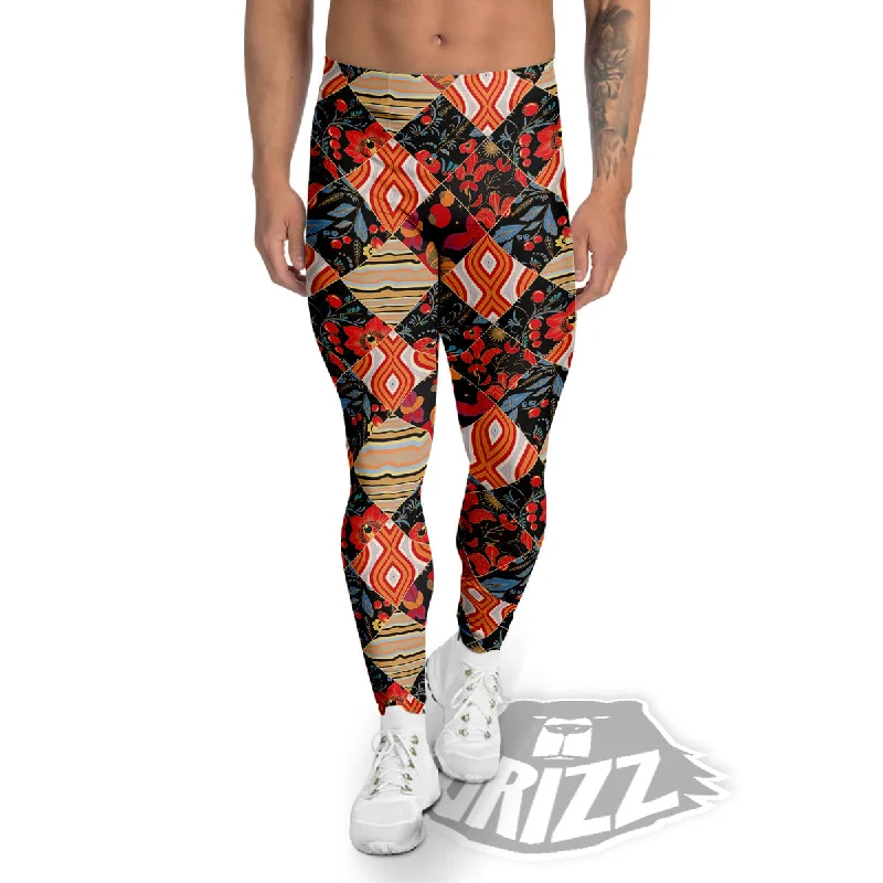 Floral Indian Patchwork Print Pattern Men's Leggings