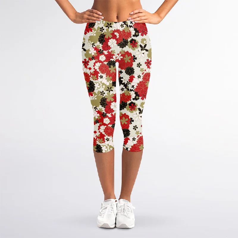 Floral Kimono Pattern Print Women's Capri Leggings