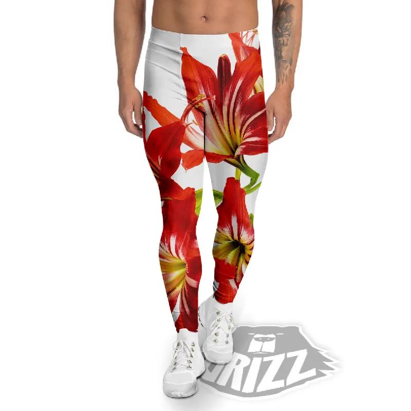 Flower Amaryllis Print Men's Leggings