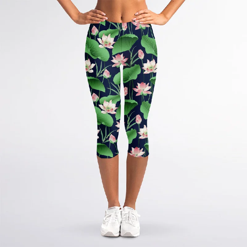 Flower And Leaf Lotus Pattern Print Women's Capri Leggings