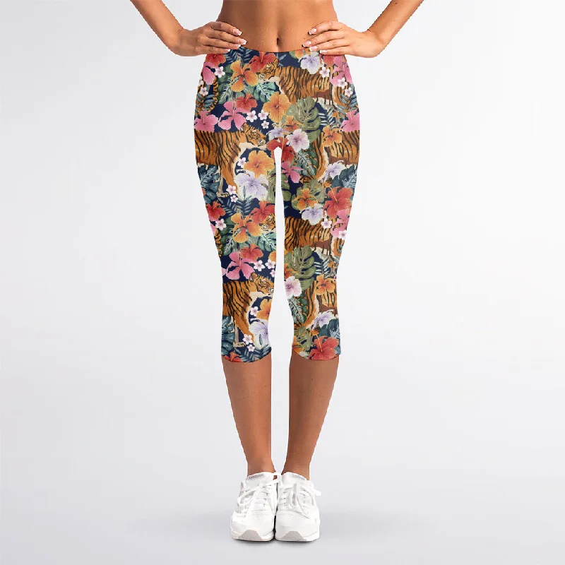 Flower And Tiger Pattern Print Women's Capri Leggings