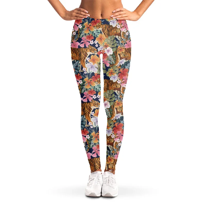 Flower And Tiger Pattern Print Women's Leggings