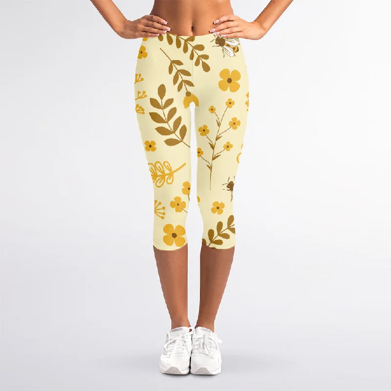 Flower Bee Pattern Print Women's Capri Leggings