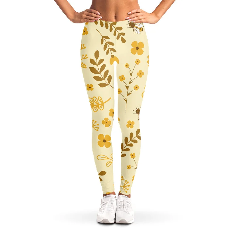 Flower Bee Pattern Print Women's Leggings