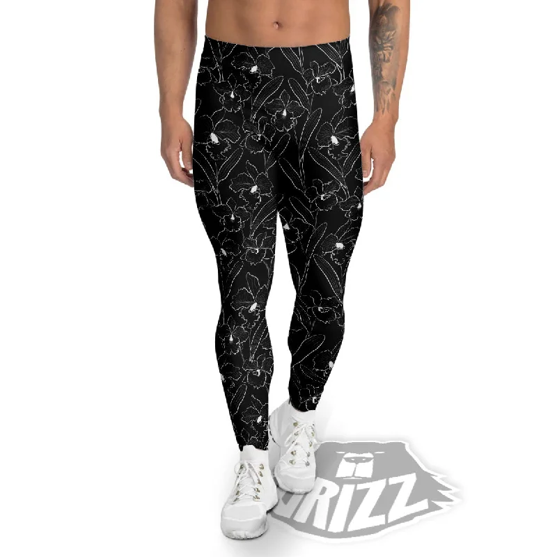 Flower Black Cattleya Print Pattern Men's Leggings