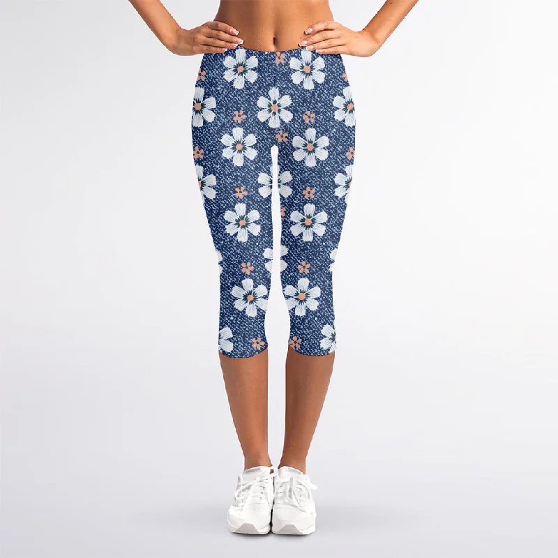 Flower Denim Jeans Pattern Print Women's Capri Leggings