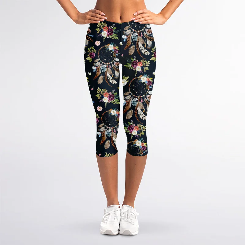 Flower Dream Catcher Pattern Print Women's Capri Leggings