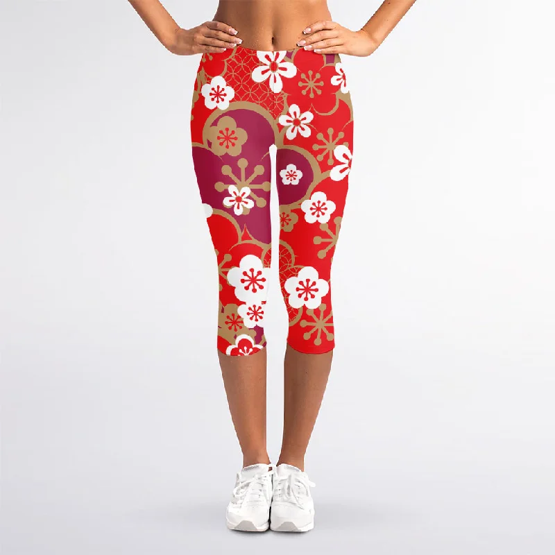 Flower Kimono Pattern Print Women's Capri Leggings