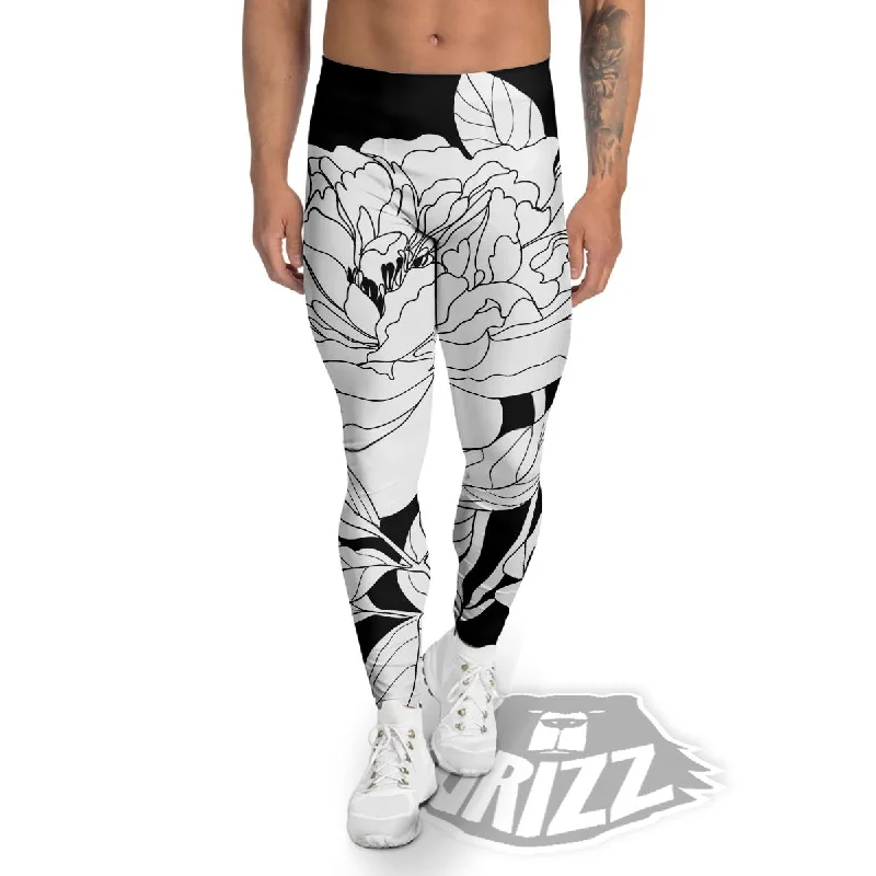 Flower White And Black Print Men's Leggings