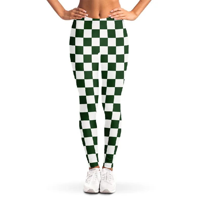 Forest Green And White Checkered Print Women's Leggings